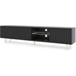 Selsey - Bello - Meuble tv led 175 cm noir, façades à lamelles et pieds dorés