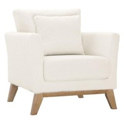Fauteuil scandinave déhoussable en tissu effet laine bouclée blanc cassé et bois clair oslo - Blanc