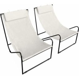Lot de 2 fauteuil relax Mencora structure en métal, assise en toile avec repose-tête - Ecru