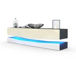 Armoire basse Meuble tv City en Noir mat - haute brillance & tons naturels - Portes en Crème haute