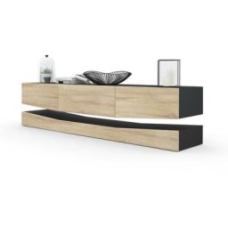 Armoire basse Meuble tv City en Noir mat - haute brillance & tons naturels - Portes en Chêne brut