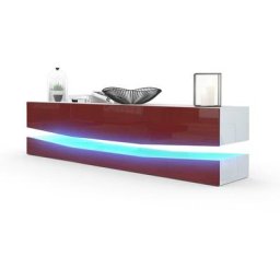 Armoire basse Meuble tv City en Blanc mat - haute brillance & tons naturels - Façades en Bordeaux