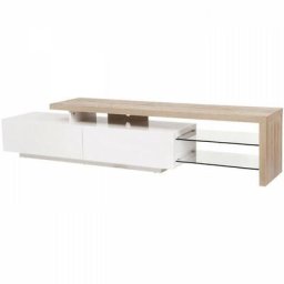 Meuble TV Style contemporain SMITH - En panneau alvéolaire - Blanc et chene - 2 tiroirs et 2