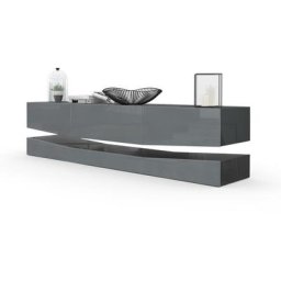 Armoire basse Meuble tv City en Noir mat - haute brillance & tons naturels - Façades en Gris haute