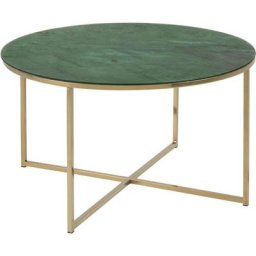 Almaz Table basse Ø 80 cm, en verre, impression marbre vert, et piètement en chrome doré. - Verre