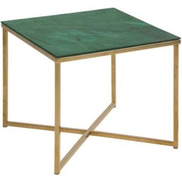 Alisma Table d'angle 50x50 cm, impression marbre vert, chrome doré.
