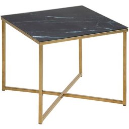 Alisma Table d'angle 50x50 cm, impression marbre noir, chrome doré.