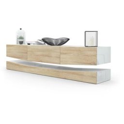Armoire basse Meuble tv City en Blanc mat - haute brillance & tons naturels - Portes en Chêne brut