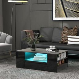 Table basse contemporaine avec bande led - 2 tiroirs et 2 étagères - 95 x 53 x 37 cm - Noir LBF