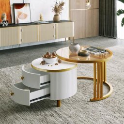 Table basse ronde en mdf 2 en 1, combinaison de table basse de salon à 2 tiroirs,
