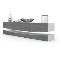 Vladon Armoire basse Meuble TV City en Blanc mat - haute brillance & tons naturels - Façades en