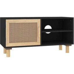 Meuble TV Noir 80x30x40 cm Bois de pin massif et rotin naturel vidaXL - Noir
