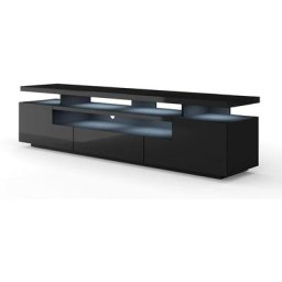 Meuble tv eva avec led intégrée 195x42x51H Cm structure noire mate avec façades noires brillantes