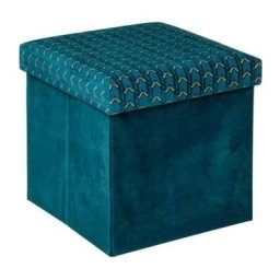 Pouf et coffre de rangement pliant couvercle imprimé - 38 x 38 cm - Bleu canard - Velours, bois mdf