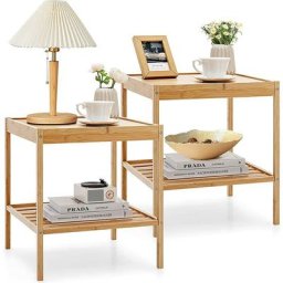 Tables de Chevet Lot de 2 en Bambou Table d'Appoint à 2 Niveaux Style Naturel Bout de Canapé pour