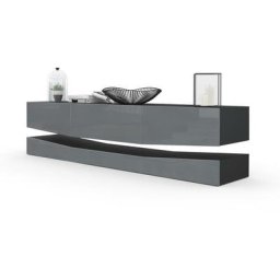 Vladon Armoire basse Meuble TV City en Noir mat - haute brillance & tons naturels - Façades en Gris
