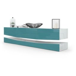 Armoire basse Meuble tv City en Blanc mat - haute brillance & tons naturels - Façades en Turquoise