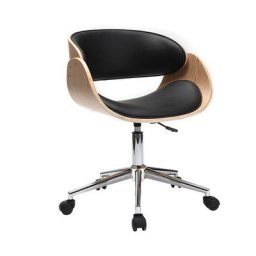 Chaise de bureau à roulettes design noir, bois clair et acier chromé bent - Bois clair / noir