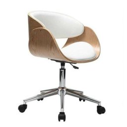 Chaise de bureau à roulettes design blanc, bois clair et acier chromé bent - Bois clair / blanc