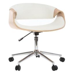 Chaise de bureau à roulettes design blanc, bois clair et acier chromé aramis - Bois clair / blanc