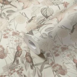 Papier peint fleurs oiseaux animaux beige crème gris rose AS384812C 10.05 x 0.53 m - Beige Crème
