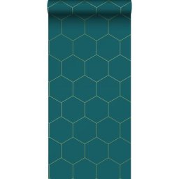 Papier peint hexagone - 0,53 x 10,05 m de Estahome bleu canard et or