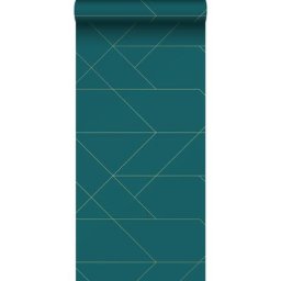 Papier peint lignes graphiques - 0,53 x 10,05 m de Estahome bleu canard et or