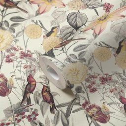 Papier peint fleurs oiseaux animaux coloré jaune gris rouge AS384811C 10.05 x 0.53 m - Colorés