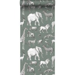 Papier peint animaux de la jungle - 53 cm x 10,05 m de Estahome vert grisé