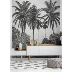 Art For The Home - Papier Peint panoramique Palmiers Gravure 300 x 200cm Gris, Noir - gris noir