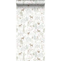Papier peint forêt avec des animaux de la forêt - 50 x 900 cm de Estahome vert et beige