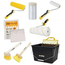Kit 8 outils Peinture Vito Seau 16L. Film masquage Bâche protection 2 rouleaux Rouleau finition 2