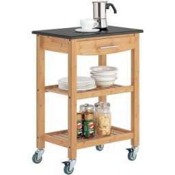 Sobuy - Chariot de cuisine de service roulant, Desserte sur roulettes en bambou Plateau en Granit