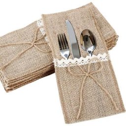 20Pcs Porte Couvert Sac Toile Jute Dentelle Pochette de Vaisselle Fourchette Jute Vintage