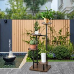 Support à fleurs style industriel 4 niveaux porte plante 4 étagères métal noir bois marron rétro