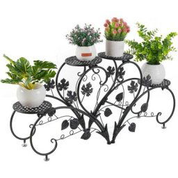 Tagère à Fleurs Fer Forgé 93x40x23cm Support Plantes avec 4 Tablettes pour Maison Jardin Patio