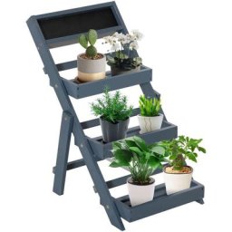 Tagère échelle à fleurs pliable - porte plante bois 3 étagères avec rebord - tableau noir