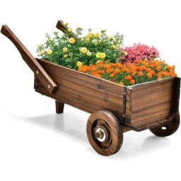 Brouette à Fleurs Jardinière en Bois de Sapin Carbonisé à Roues, Jardinière de Jardin avec Poignée