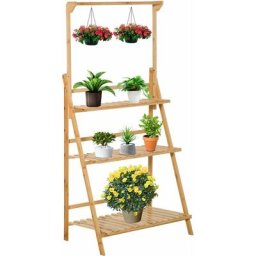 Étagère échelle à fleurs en bois de bambou - porte plante bois 3 étagères + barre support pour pots