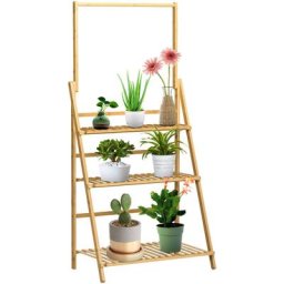 Tagère à plantes pliable support support à fleurs - 3 étagères, barre de suspension - bois bambou