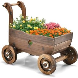 Brouette à Fleurs Jardinière en Bois de Sapin Carbonisé à Roues, Jardinière de Jardin avec Poignée