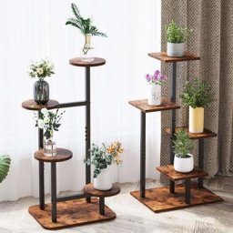 Tagère à Fleurs, Étagère Plante Métallique de 4 Niveaux Escalier et Plateaux Bois, Support Pot de