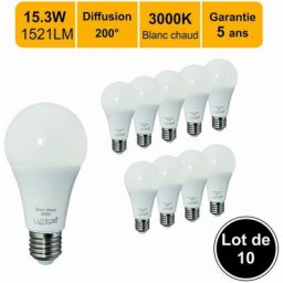 Lot de 10 ampoules led E27 15,3W 1521Lm 3000K - garantie 5 ans
