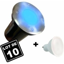 10 Spots Encastrables de Sol Rond Inox 304 Exterieur IP65 + Ampoules GU10 7W bleu