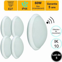 Lot de 5 appliques d'exterieur Hublot E27 à detecteur hf (mouvements et crépusculaire) rond IP44