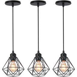 3x Lustre Suspension Industriel en Métal Noir Stoex Luminaire Style Vintage Design forme Cage