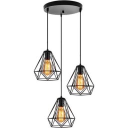 Lustre Suspension Industriel 3 Edison Culot E27 Lampe en Forme Diamant Ø20cm Abat-Jour Eclairage de