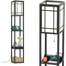 Lampadaire Etagère Salon 1,6M avec 2 Ports USB,1 Tiroir et 3 Etagères de Stockage Etagère de
