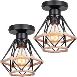 Plafonnier Industriel Vintage Interieur Cage en forme Diamant en Métal avec Corde de Chanvre Fer