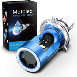 Ampoule H4 led avec Yeux d'ange, Phare HS1 6400LM dc 12V pour Moto, Bleu, Pack de 1